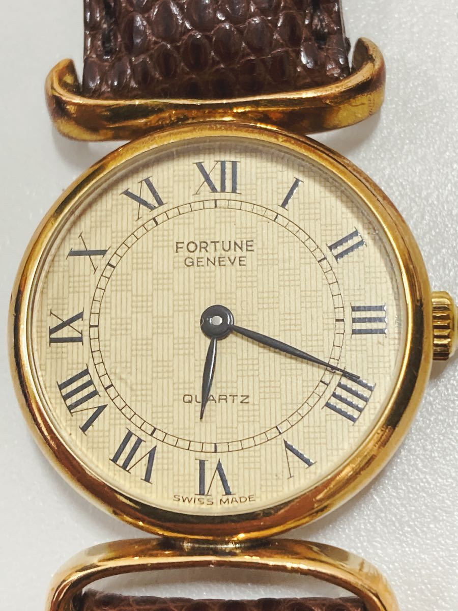 FORTUNE GENEVE フォーチュン ジュネーブ スイス製 1891-51リューズ石 レディース ゴールド 革ベルト 腕時計 非稼働品_画像1