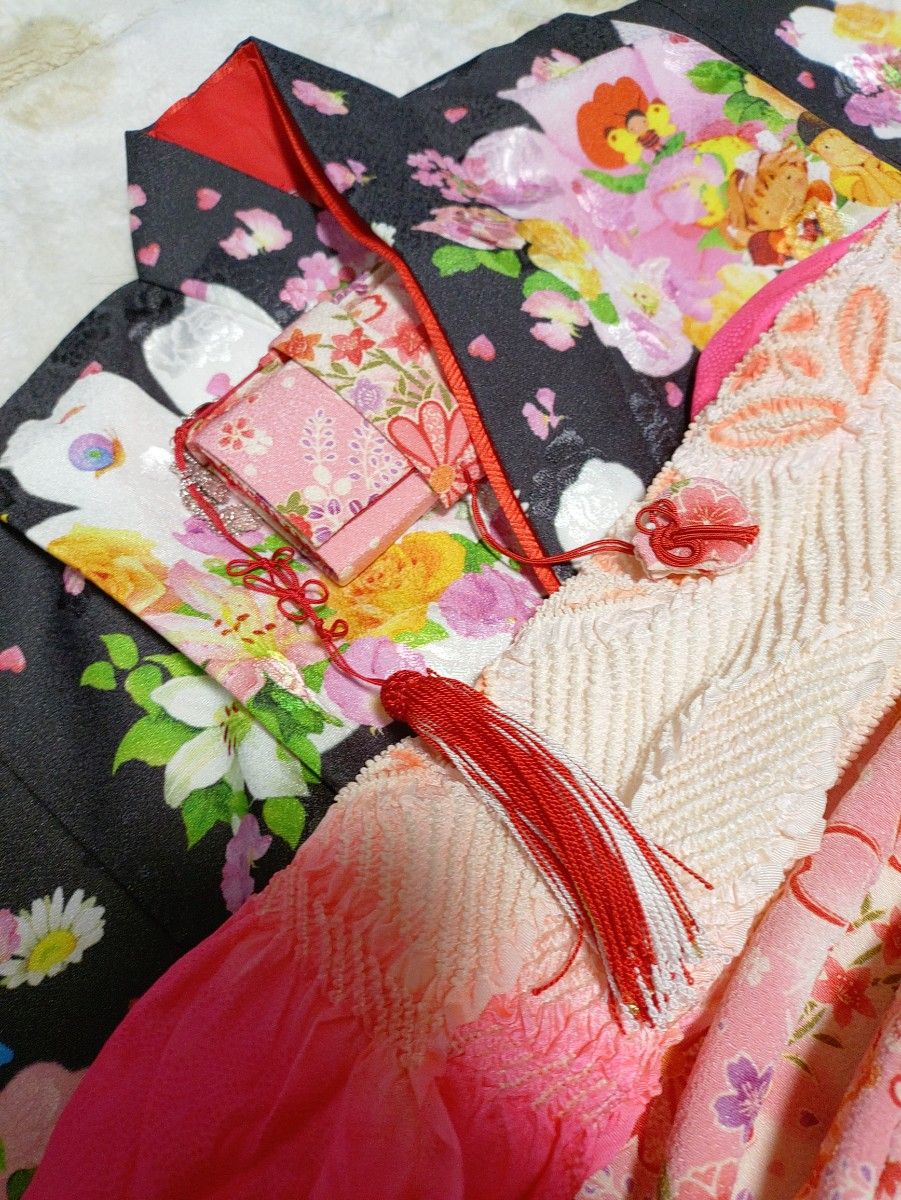 七五三7歳祝着物化繊フルセット永田萠黒グレーピンクメルヘン作り帯はこせこさくら
