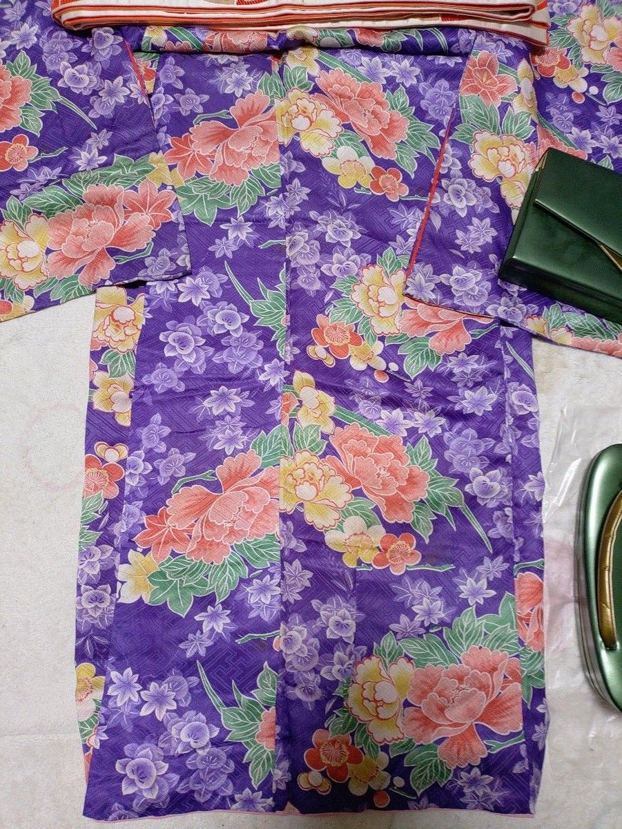 ジュニア七五三7歳姉祝着物正絹10点セットアンティーク紫地紋紗綾型牡丹梅緑小物