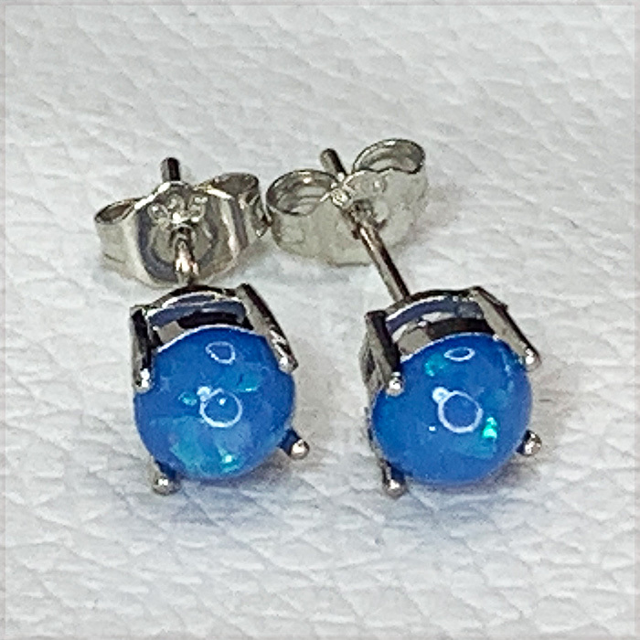 [EARRING] 925 Silver Plated Blue Fire Opal φ6mm round blue fire -o pearl silver stud earrings [ free shipping ]