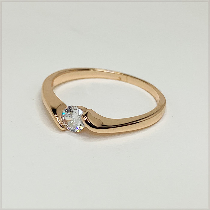 [RING] 14K 585 Rose Gold Plated φ4mm ブリリアントCut CZ スムース サイドテンション デザイン ローズゴールドリング 14号_画像1