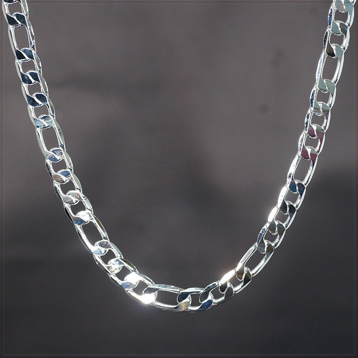 [NECKLACE] 925 Sterling Silver Plated シャイニング 6面カット フィガロ チェーン シルバー ネックレス 10x500mm (46g)_画像1