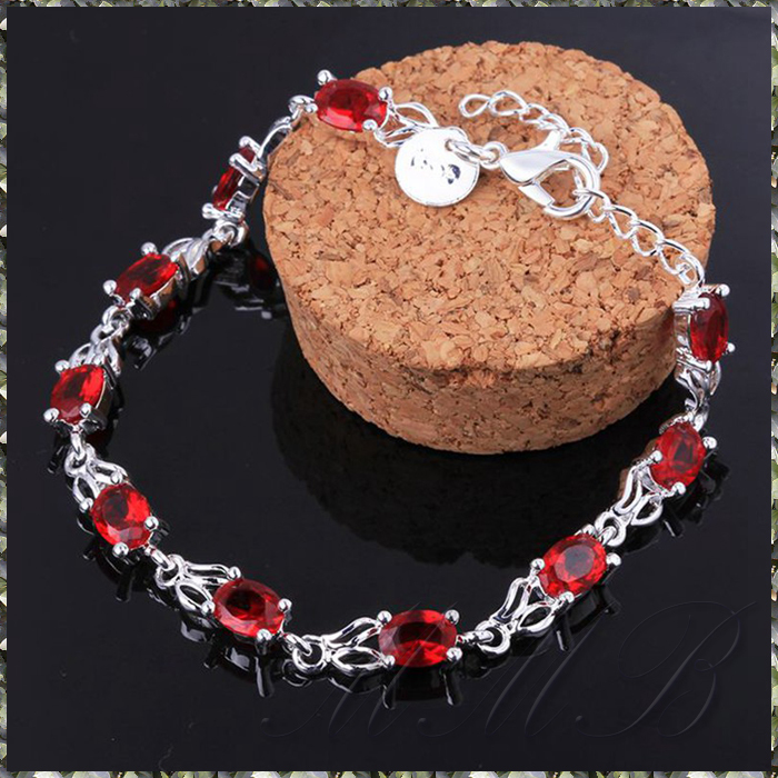 [BRACELET] 925 Sterling Silver Plated Ruby Red Oval CZ ルビー レッド CZ リンク チェーン シルバー ブレスレット_画像3