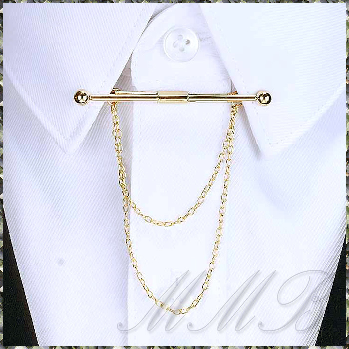 [Shirt Collar Clip] Gold Bar & Chain スタイリッシュ ダブルチェーン ゴールドバー Yシャツ カラー クリップ 襟留め えり押さえ 6cm ピン_画像1