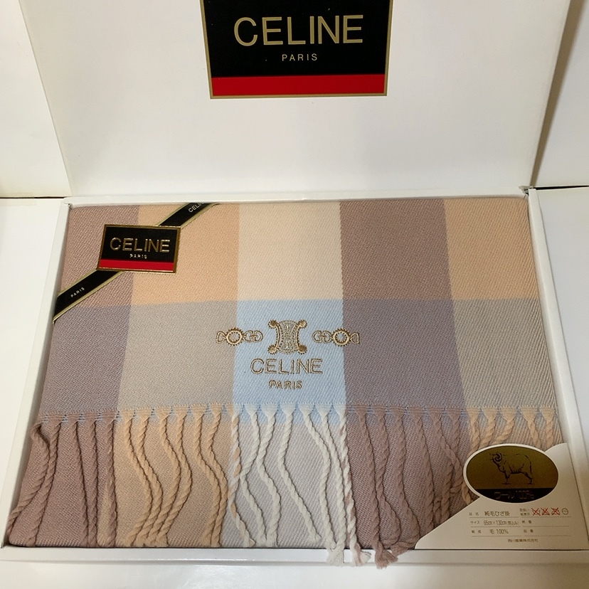 即決 送料無料 未使用★CELINE セリーヌ 純毛ひざ掛け ブランケット ウール100% ライスタ チェック 65cm×130cm 西川産業製造 ※箱無し発送_画像1