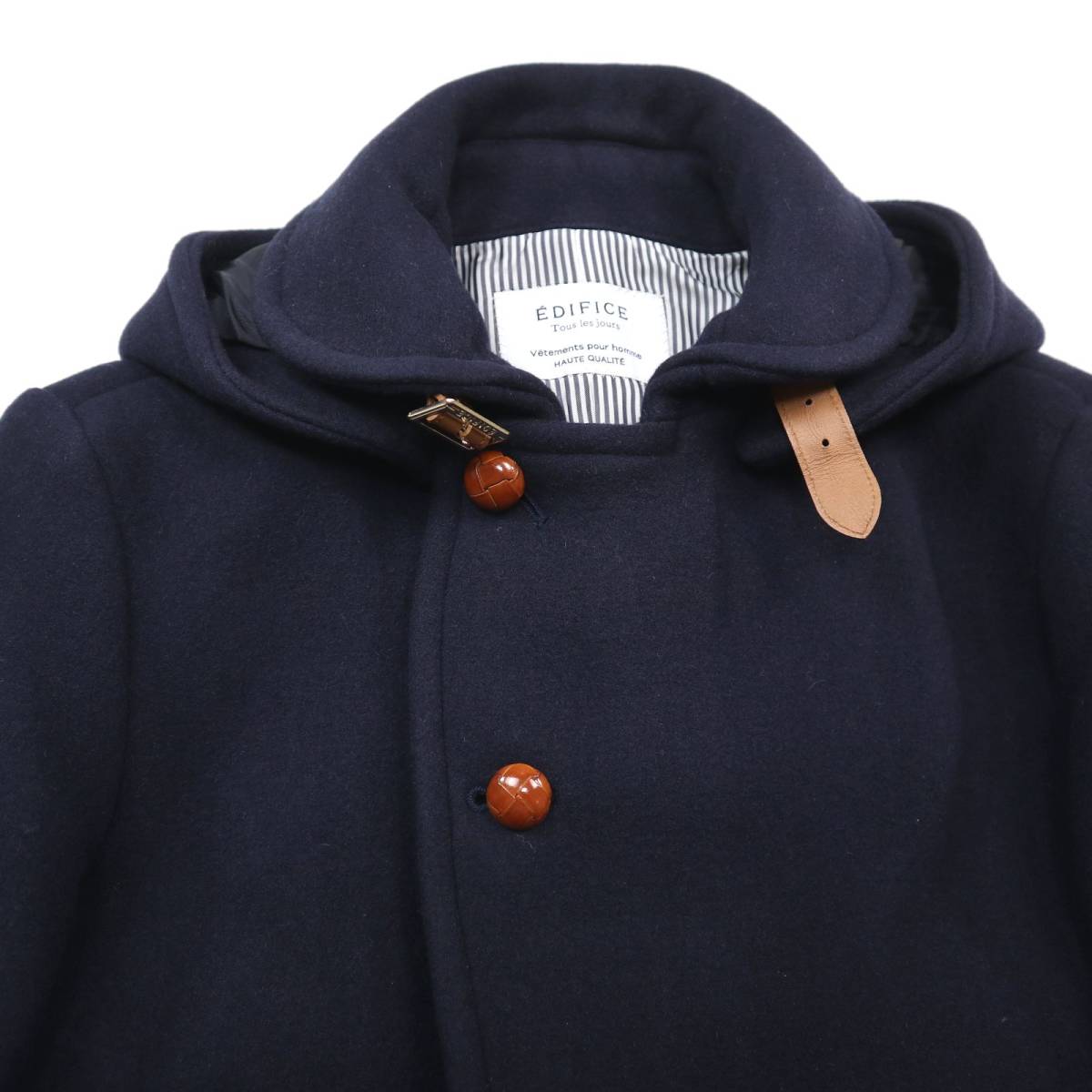 美品★EDIFICE エディフィス SUPER 100′s WOOL フード付きメルトンショールカラーコート/レザーくるみボタン/ネイビー/Sサイズ_画像5