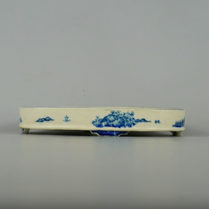 【中古】盆栽鉢 唐峯 小型 長辺 約13.8cm 楕円鉢 染付 山水図 箱付 現品 中古鉢_画像3