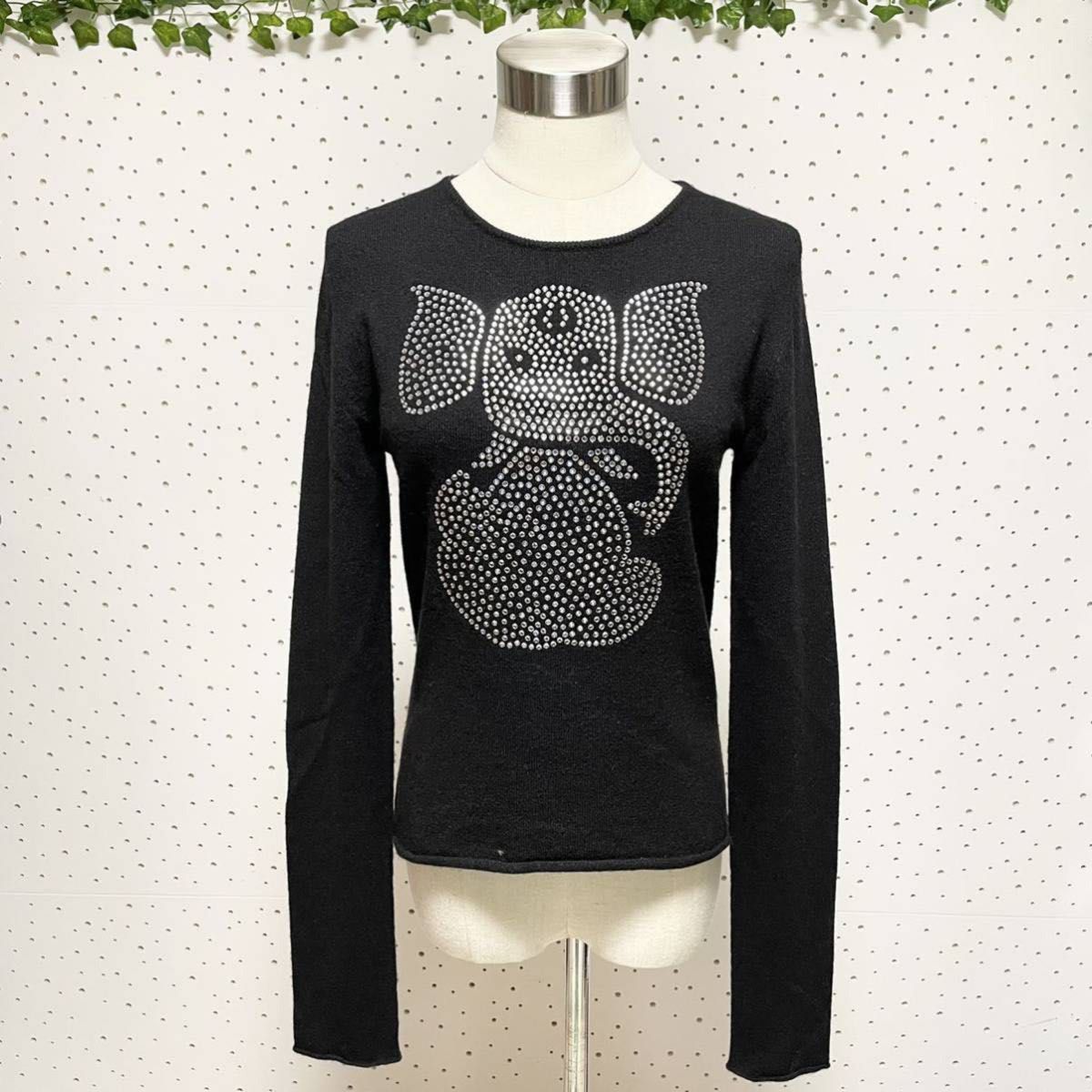 本物 ルシアンペラフィネ 装飾 ビジュー フロントエレファント カシミヤ100% 長袖 ニット セーター ブラック 黒