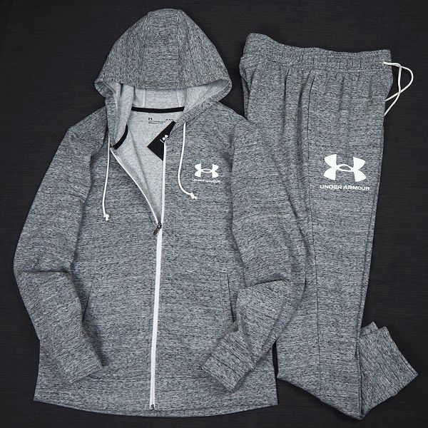 P570 新品 UNDER ARMOUR アンダーアーマー 上下セット スウェット フルジップ パーカー パンツ セットアップ 速乾性 L グレー_画像1