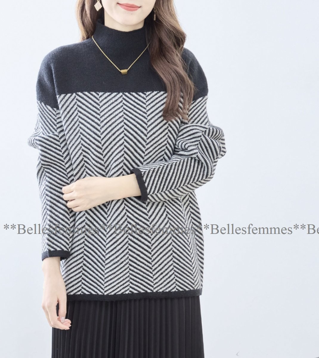 ★Belles*★送料185円★新品M～L*ふっくら柔らか♪暖かニット*ゆとりのあるサイズ感*寒さに負けない*ヘリンボーンニットセーター426黒TRUBE_画像4