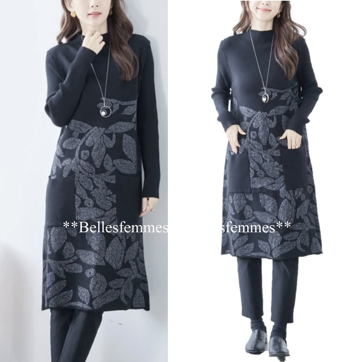 ★Belles*★送料185円★新品M～L*ラメニット*しっとりもっちりニット*大人女性に*チュニックワンピース*226ブラック*通勤オフィスTRUBE_画像3