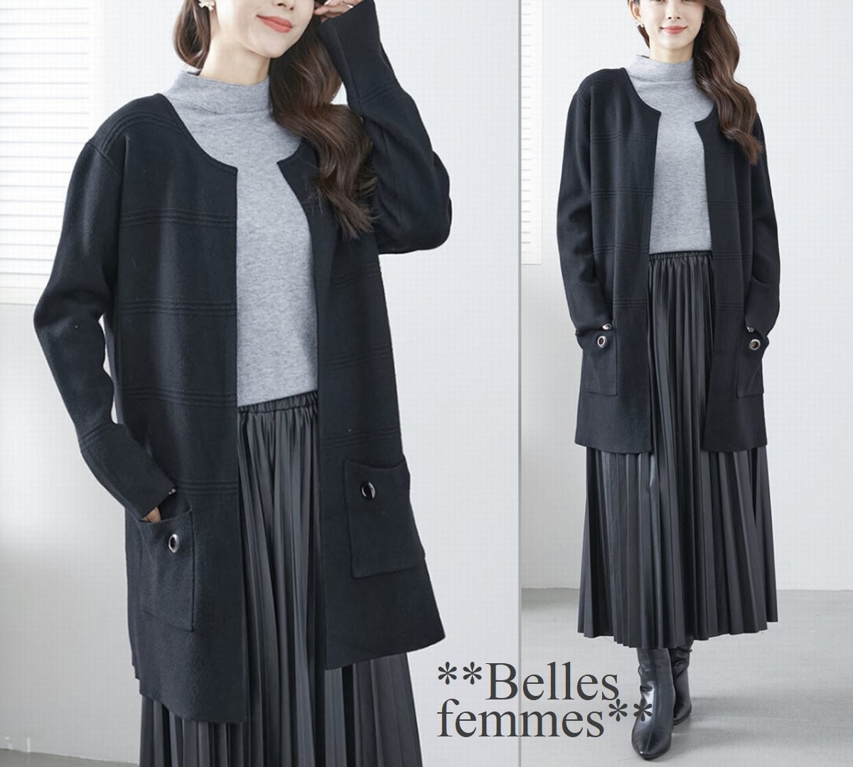 ★Belles*★送料185円★新品M～L*しっとり暖かなウール混*シンプルエレガント*もっちりニット*ノーカラーロングカーディガン*110A*黒*TRUBE_画像8