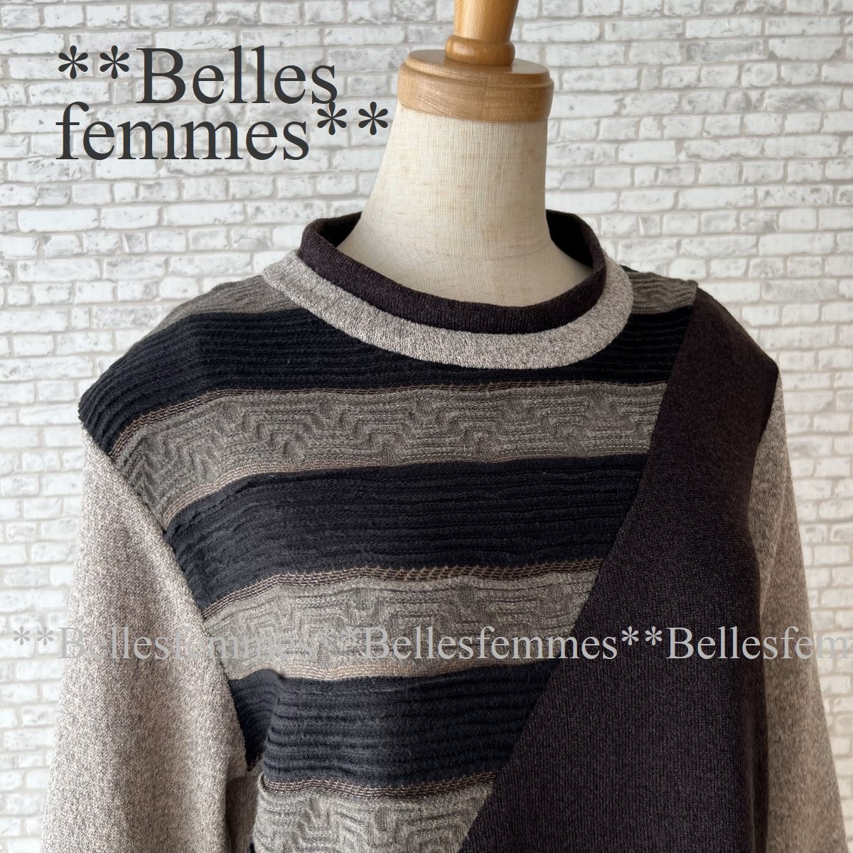 ★Belles*★送料185円★新品M～L*軽くてラクな着心地*ボーダーカラーブロック切替*デイリーニットチュニック*58671*ブラウン_画像2