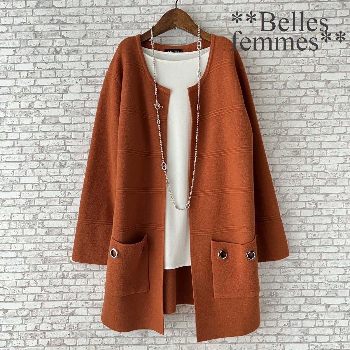 ★Belles*★送料185円★新品M～L*しっとり暖かなウール混*シンプルエレガント*もっちりニット*ノーカラーロングカーディガン110Aテラコッタ_画像2