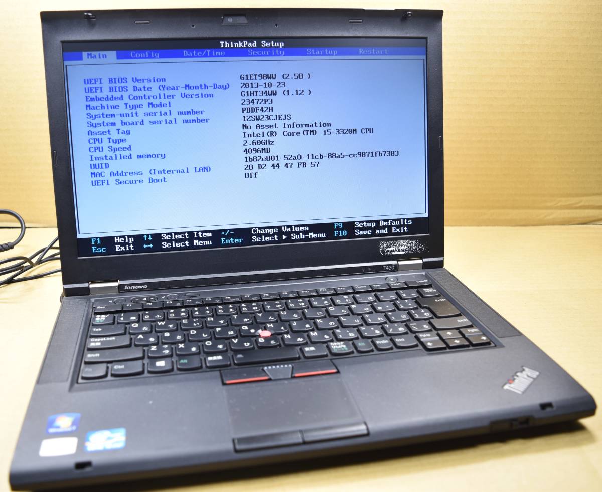 起動確認のみ(ジャンク扱い) レノボ ThinkPad T430 CPU:Core i5-3320M RAM:4G HDD:320G (管:KP013　 　_画像1