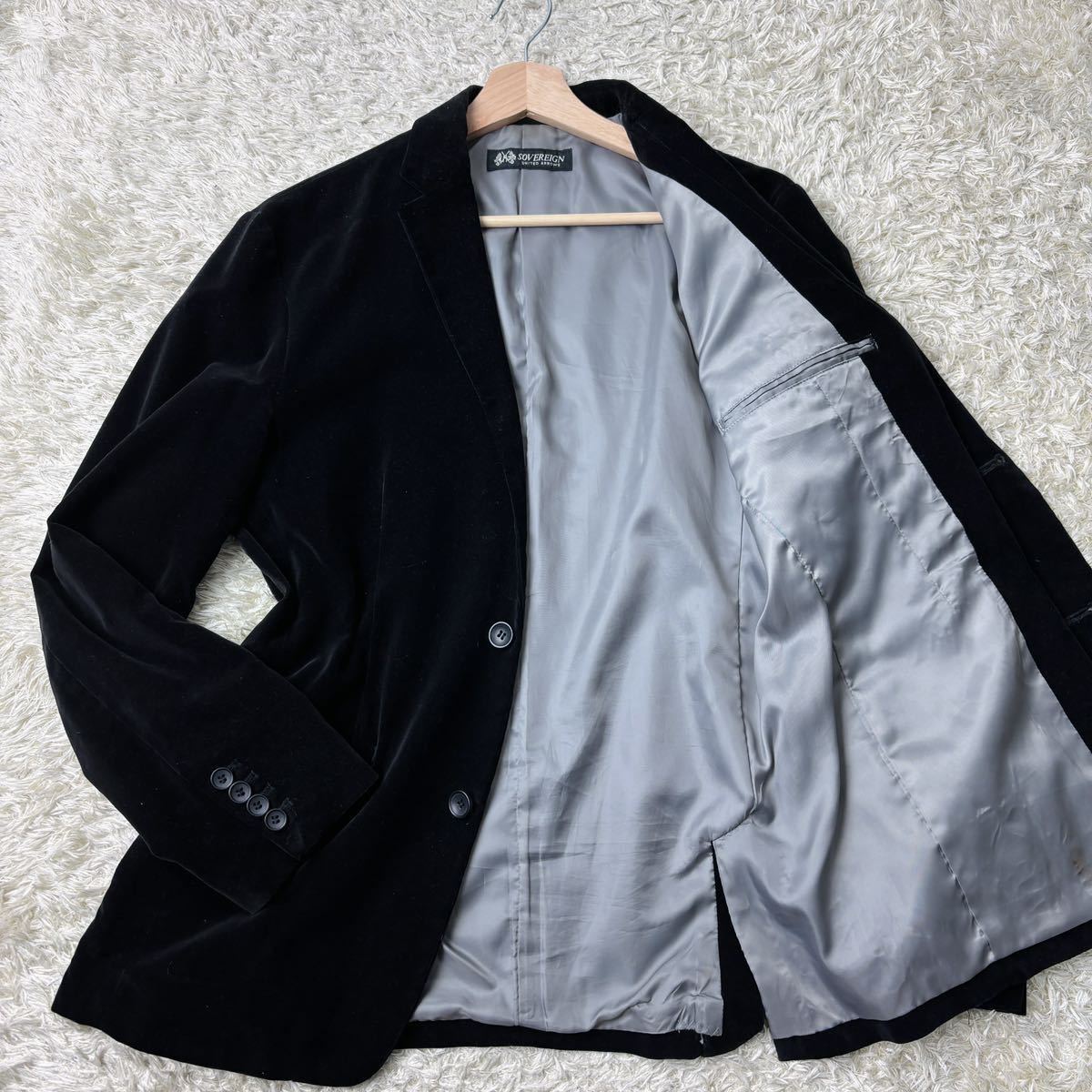 ユナイテッドアローズ ソブリン【魅惑のベロア】UNITED ARROWS Sovereign テーラードジャケット 黒 ブラック Mサイズ シングル 綿 コットン_画像1