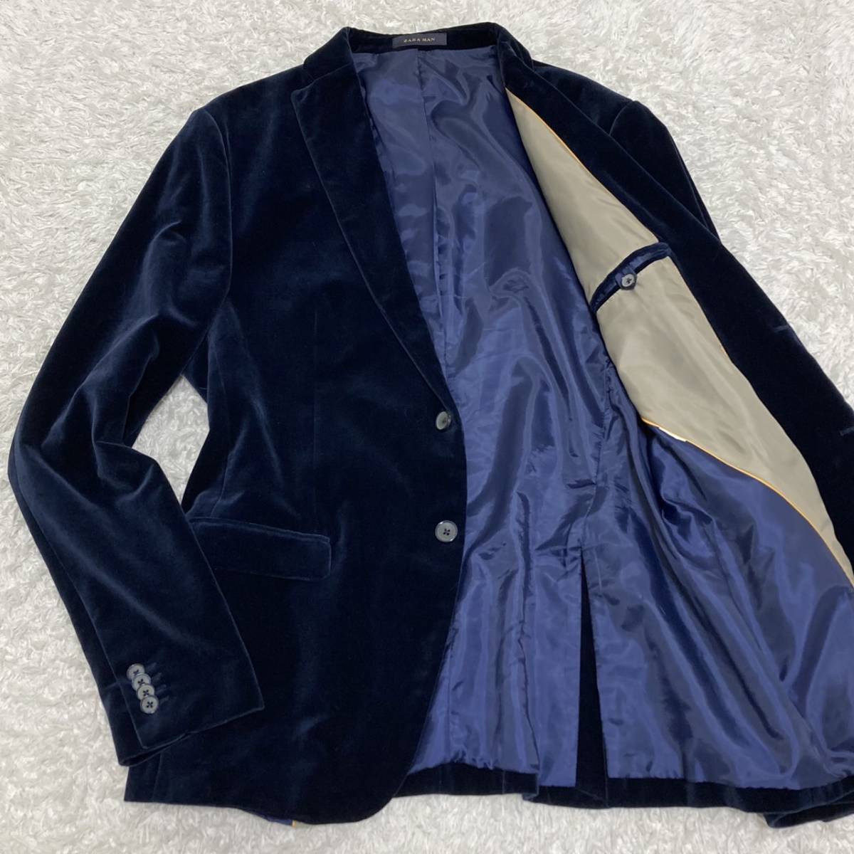 ザラ マン【魅惑のベロア×希少サイズXL】ZARA MAN テーラードジャケット 総裏 光沢感 メンズ ビジネス 通勤 仕事 ネイビー 紺 USA44 LL_画像1