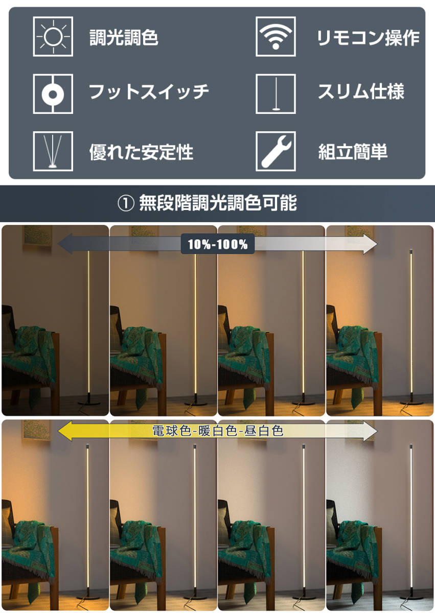フロアライト スタンドライト LEDフロアランプ フロアスタンド 間接照明 調光調色 寝室 ベッドサイド 壁 癒やし おしゃれ 北欧 リモコン付_画像2