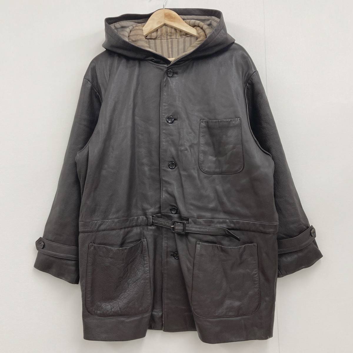 80s 初期 コムデギャルソンオム レザー ジャケット コート フーディー ブラウン HOMME ブルゾン 田中オム VINTAGE archive 3070398_画像1