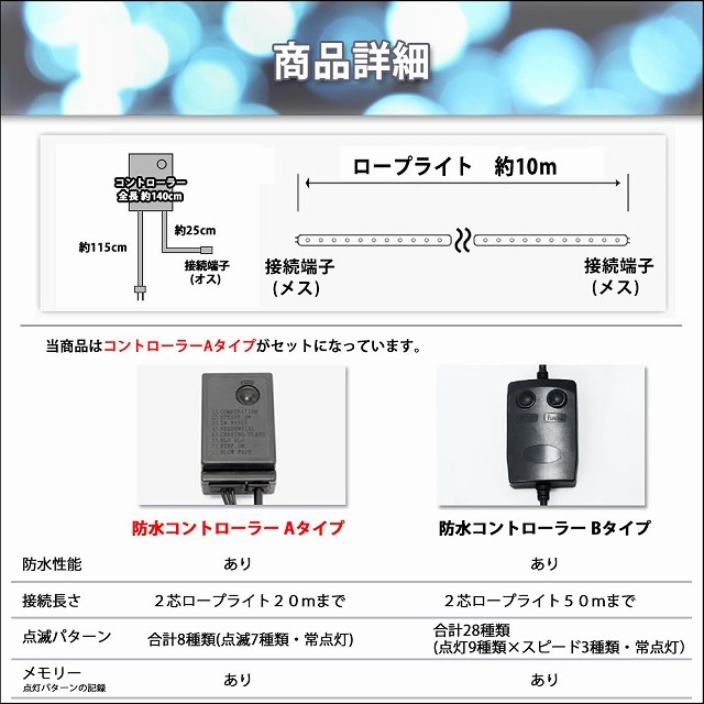 訳あり クリスマス 防滴 LED イルミネーション ２芯 丸型 ロープライト １０ｍ ブルー 青 ８種類点滅 Ａコントローラセット【804-3】_画像7