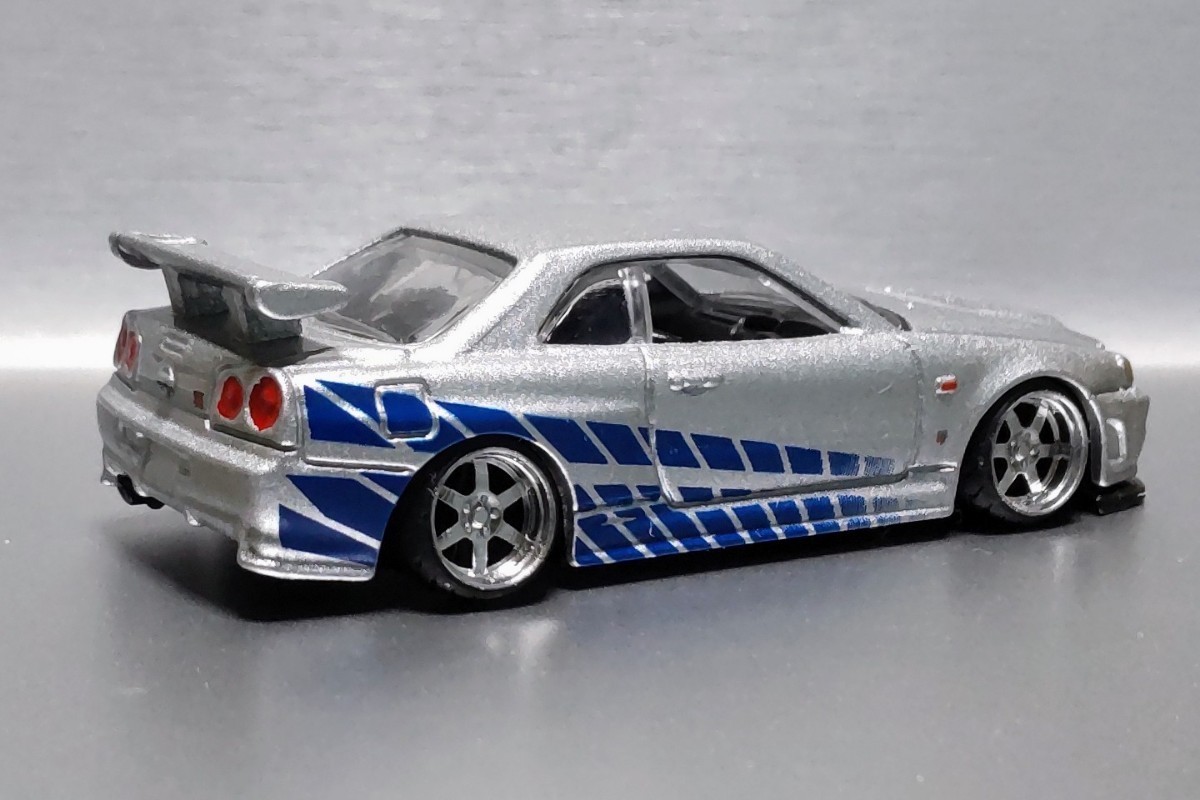 レア 希少 日産 スカイライン GT-R R34 改 ワイスピ ワイルドスピード スポコン 深リム ボルク ローダウン カスタム 改造 USDM (1/64)_画像7