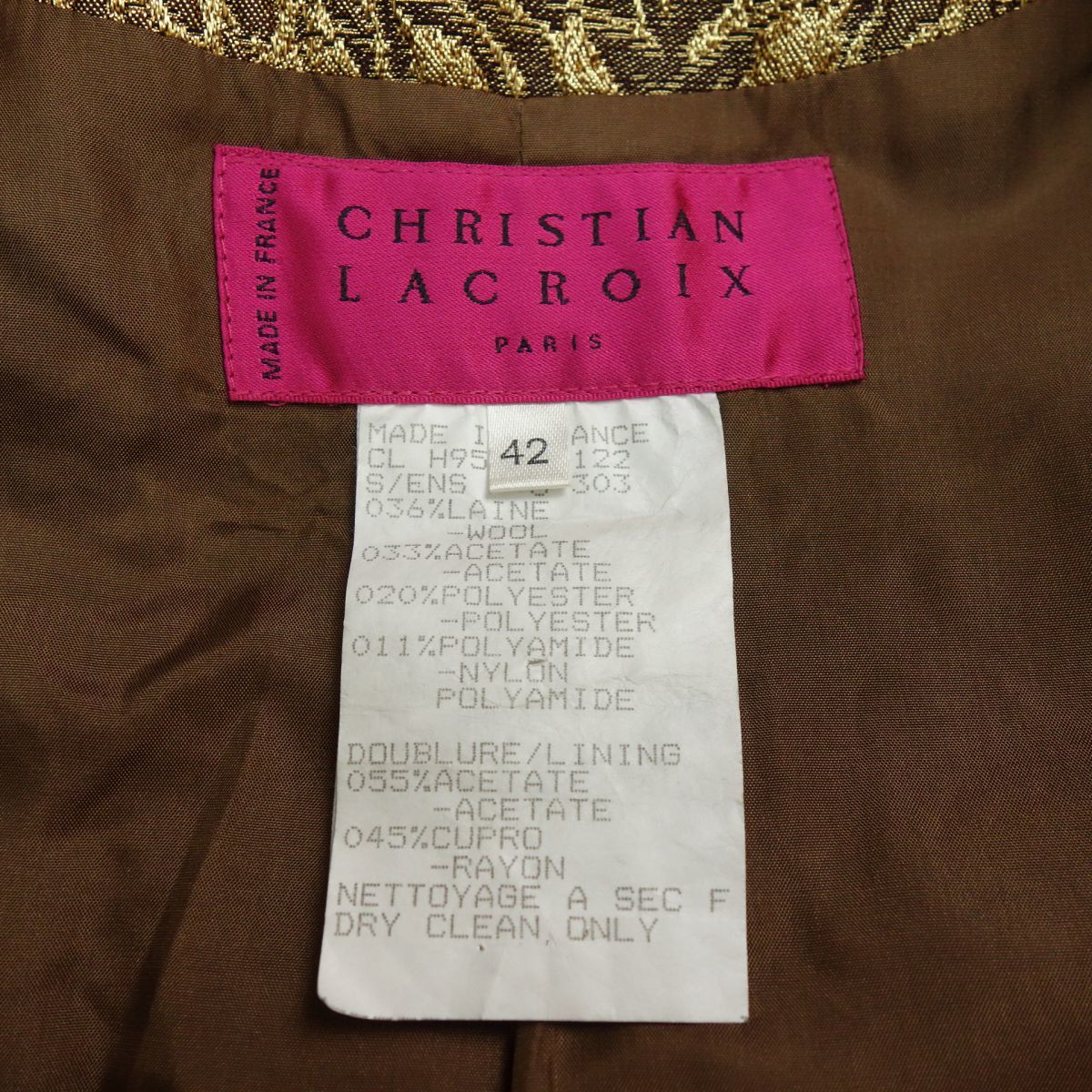 美品 ヴィンテージ Christian Lacroix クリスチャンラクロワ フランス製 ストーン付きビジュー金ボタン織デザインジャケット 42 ゴールド_画像3