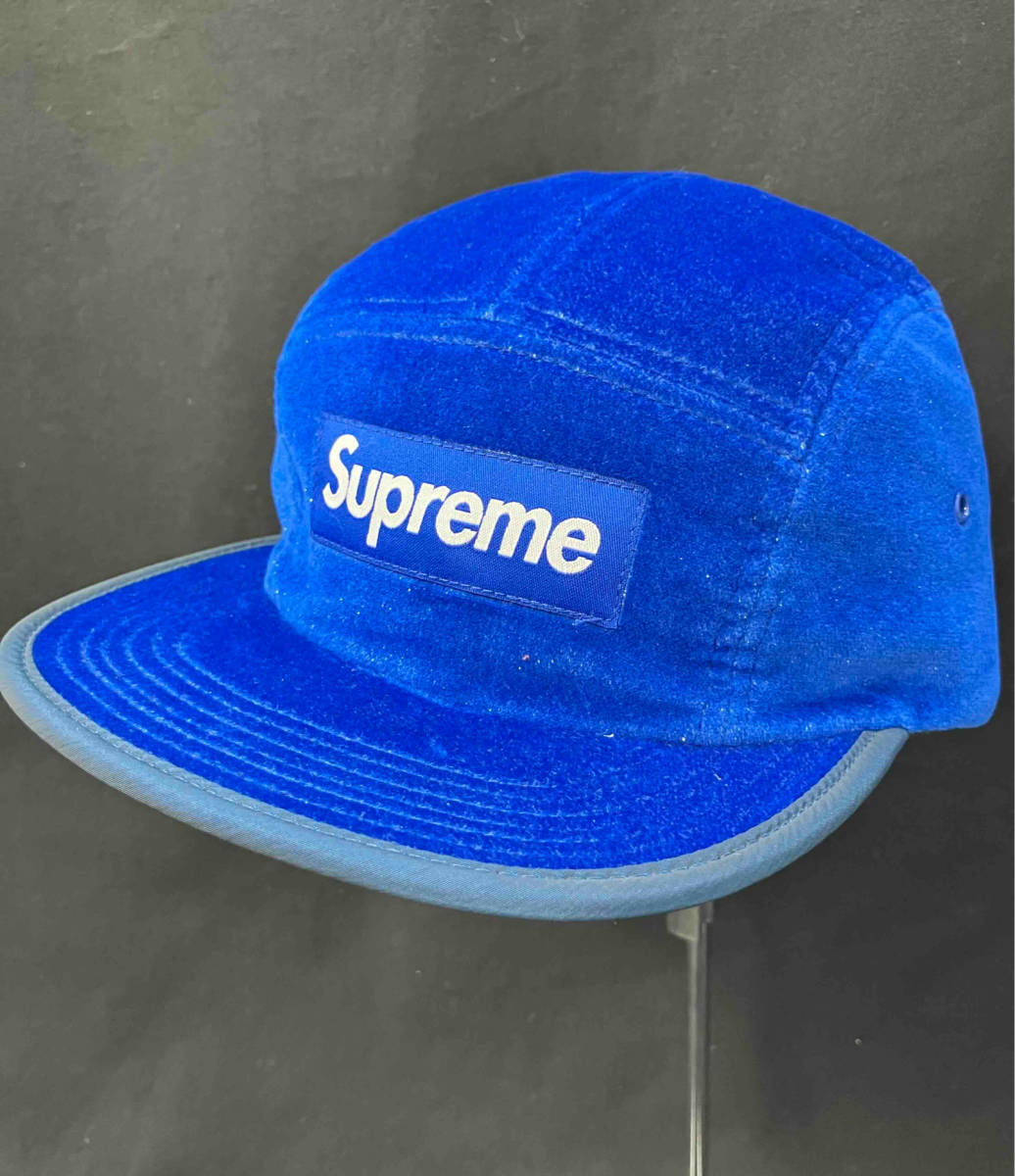 Supreme velvet taped camp cap シュプリーム ベルベット キャップ ブルー ボックスロゴ ラメ 15AW