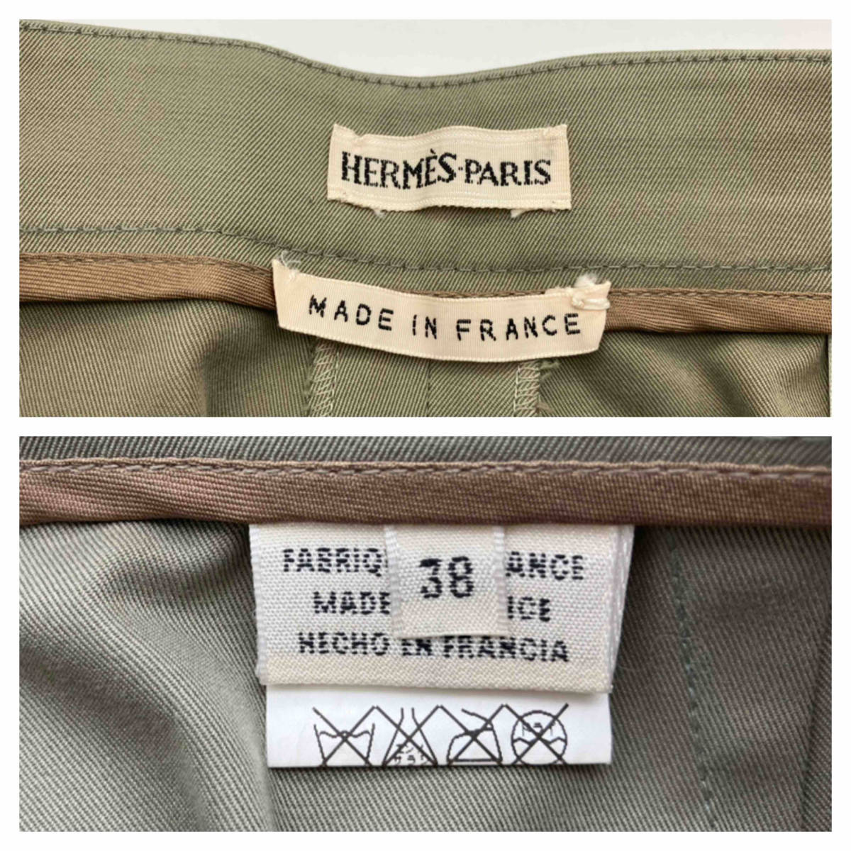 ジャンク HERMES エルメス パンツ スラックス グリーン系 サイズ38 コットン100% ★ボタン欠品_画像4