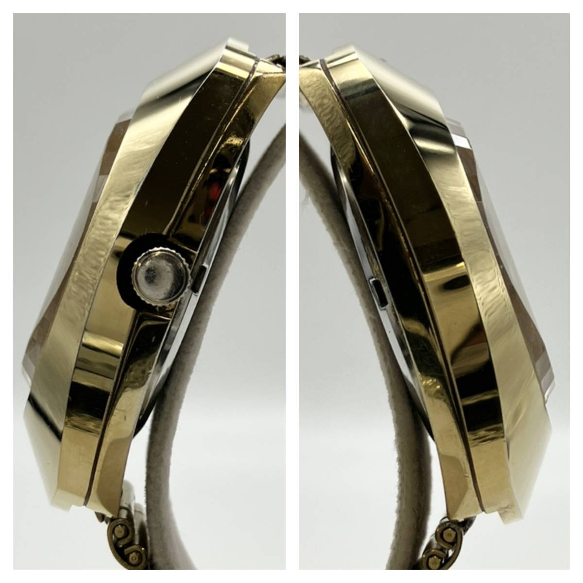 ジャンク TECHNOS テクノス T9475 メタルバンド アナログ デイト 3針 ゴールドカラー 腕時計_画像2