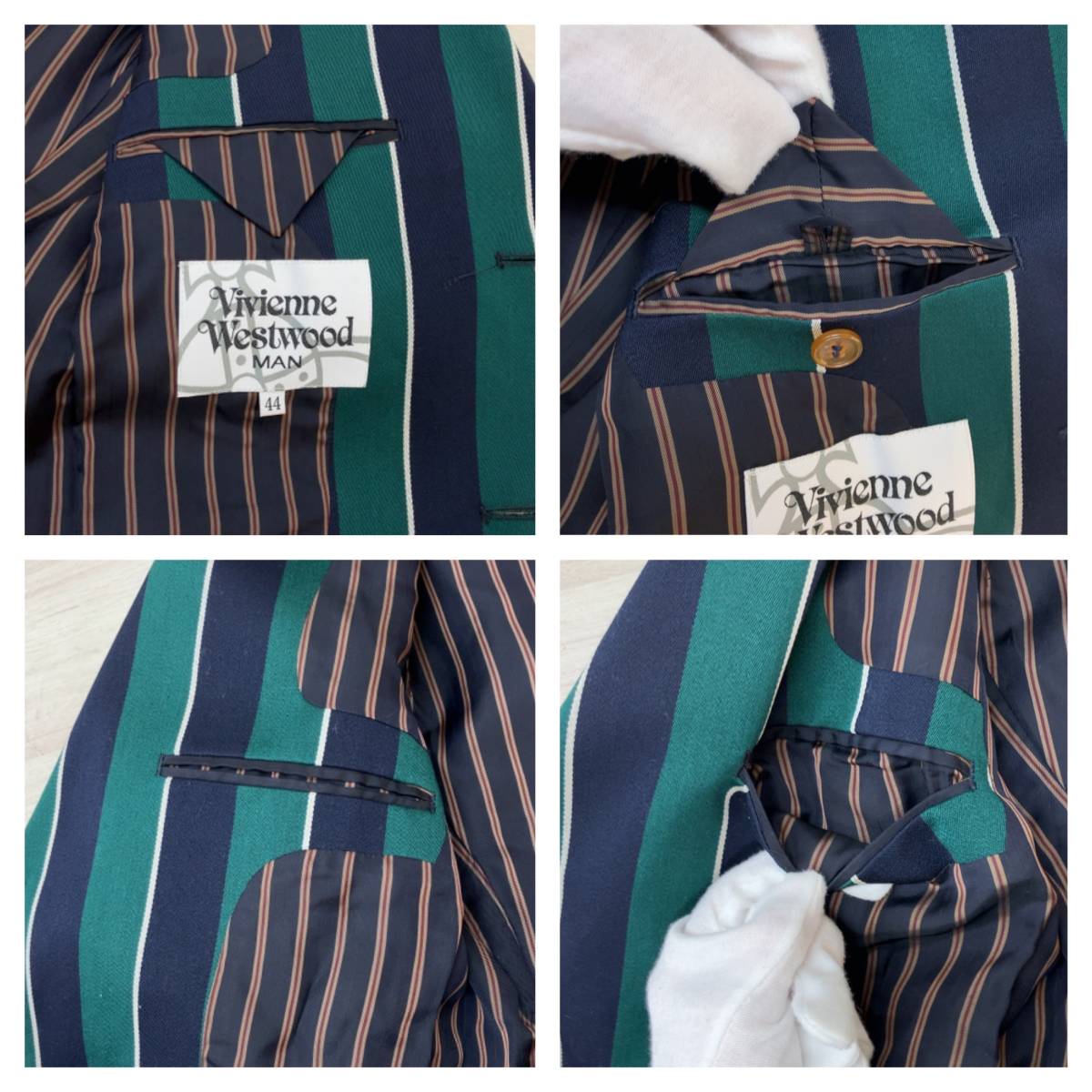 VIVIENNE WESTWOOD ビィビィアン・ウエストウッド テーラードジャケット【サイズ : 44】グリーン×ネイビー ストライプ オーブ刺繍 日本製_内側ポケット(上段: 左側、下段:右側)