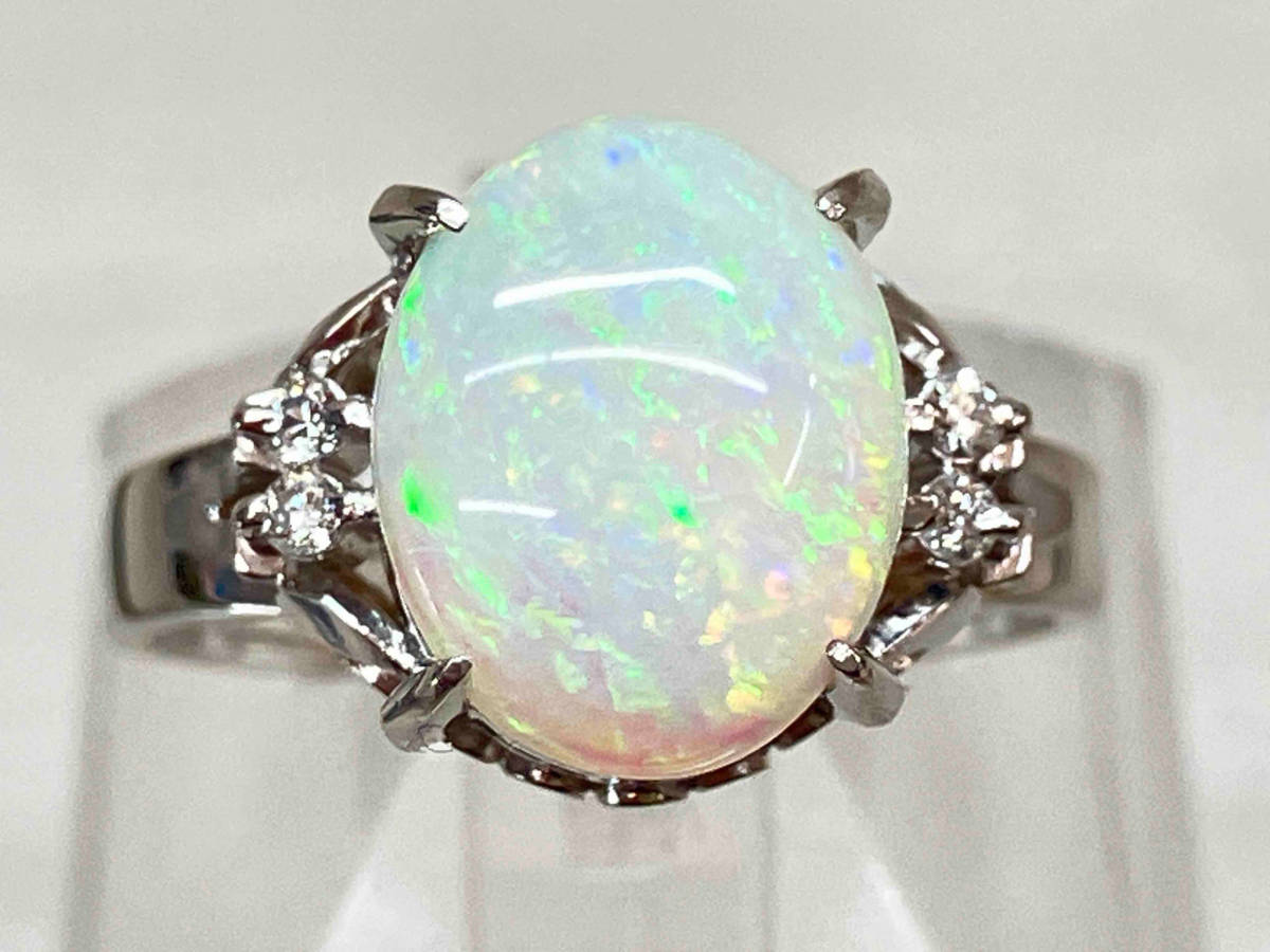 【爆売り!】 13号 リング デザイン 天然オパール 2.13ct オパール 0.06/ ダイヤ Pt900 【鑑別書付き】 リング幅 小傷あり 0.3cm オパール