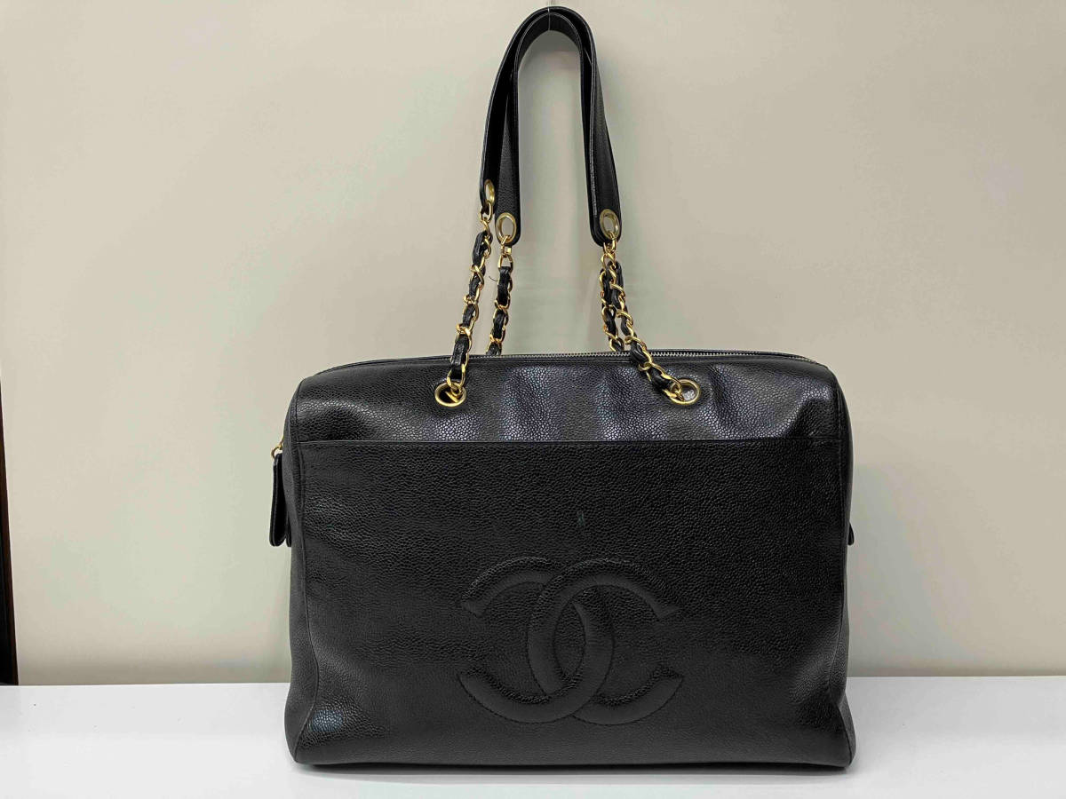 CHANEL キャビアスキ ボストン チェーン トート バッグ ゴールド金具 500万番台 ココマーク ヴィンテージ W35×H24×D16 cm_画像1