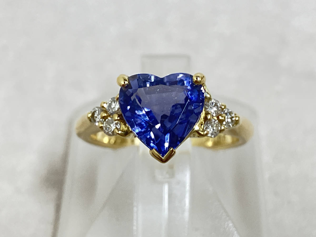 新品仕上済み 【天然アイオライト1.77ct】K18／ダイヤ0.16ct／ハートカットリング／指輪／8.5号／3.8g