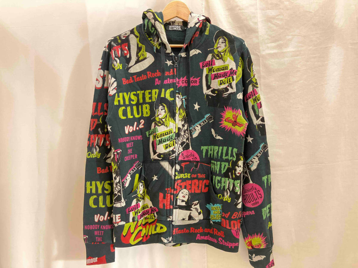 HYSTERIC GLAMOUR ヒステリックグラマー ガール総柄 ジップパーカー 0234CF02 L ブラック_画像1