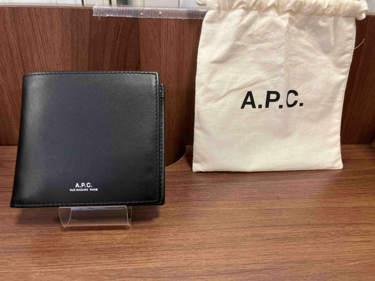 a.p.c アーペーセー PXBJQ H63340 二つ折り財布 ミニウォレット 財布 ブラック 小銭入れ有り 無地 レザー 保存袋有り_画像1