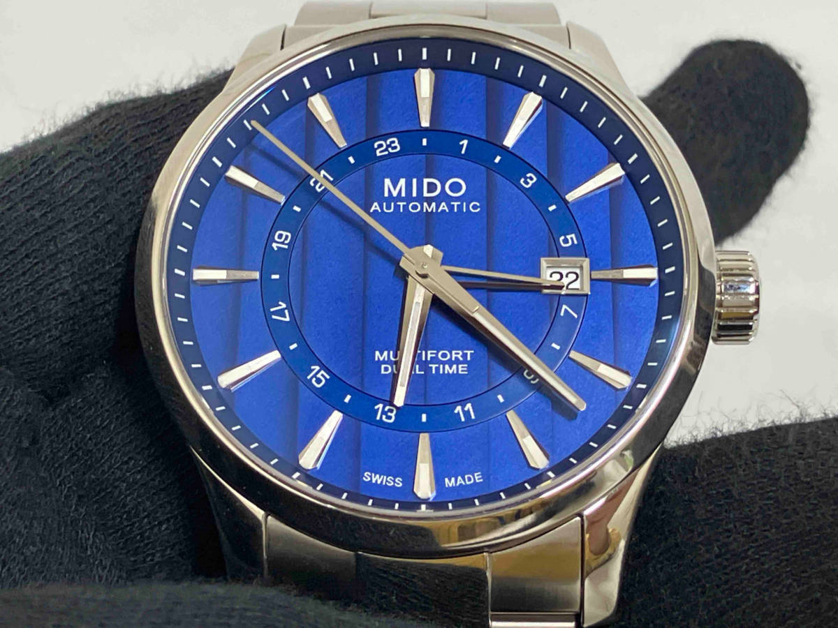 【楽ギフ_のし宛書】 Mido M038.429.11.04.1.00/ミドー/マルチフォート デュアルタイム/自動巻き腕時計/文字盤ブルー/SSブレス/裏スケルトン25石 3針+カレンダー