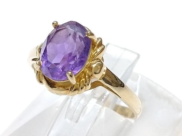 K18 18金 YG パープル 紫石 デザイン リング 指輪 イエローゴールド 2.2g #11.5 店舗受取可