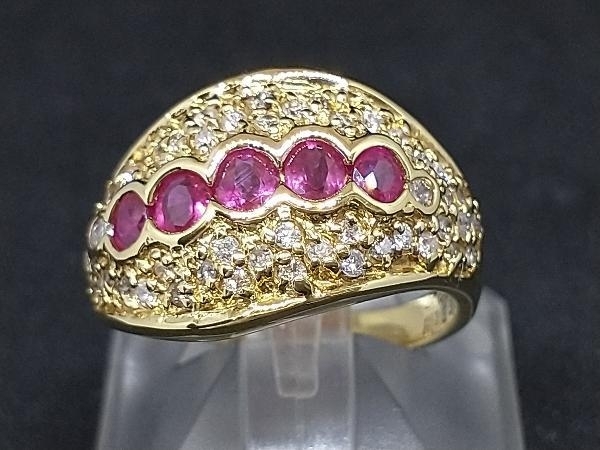 クリスマスツリー特価! YG 18金 K18 レッド 店舗受取可 #12.5 6.7g D0.5ct R1.33ct イエローゴールド 指輪 リング デザイン 赤石 イエローゴールド