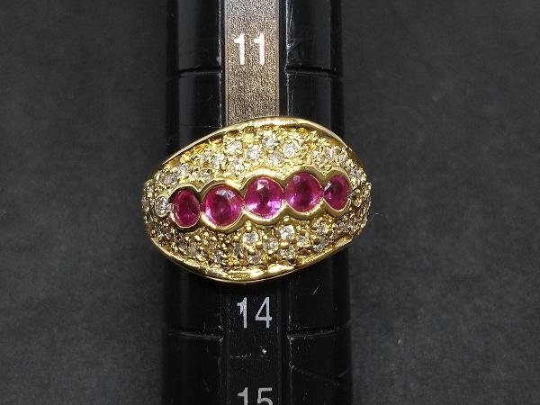 K18 18金 YG レッド 赤石 デザイン リング 指輪 イエローゴールド R1.33ct D0.5ct 6.7g #12.5 店舗受取可_画像8