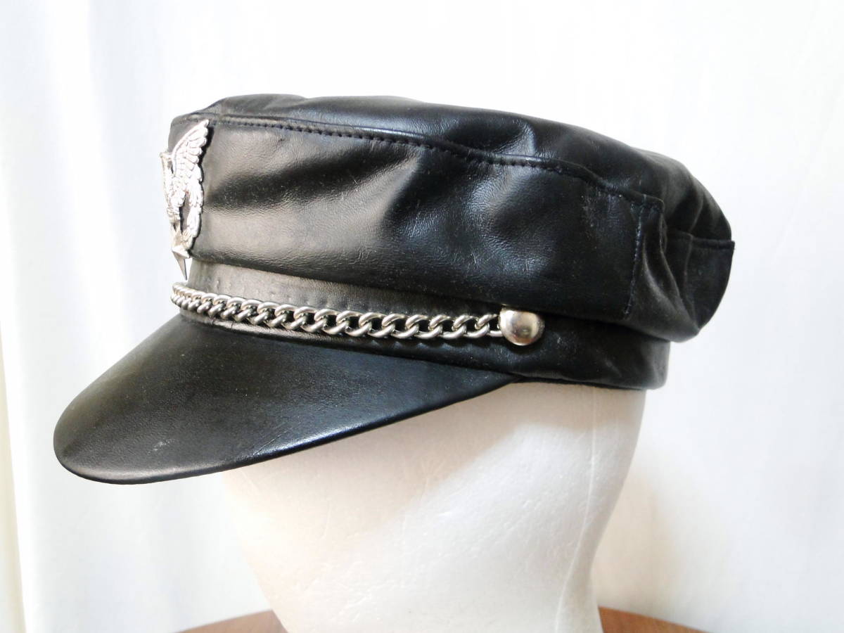 90's・バイクレザーキャップ Flat Top Genuine Leather Biker Cap ・Made in U.S.A.・デッドストック・送料込_画像4