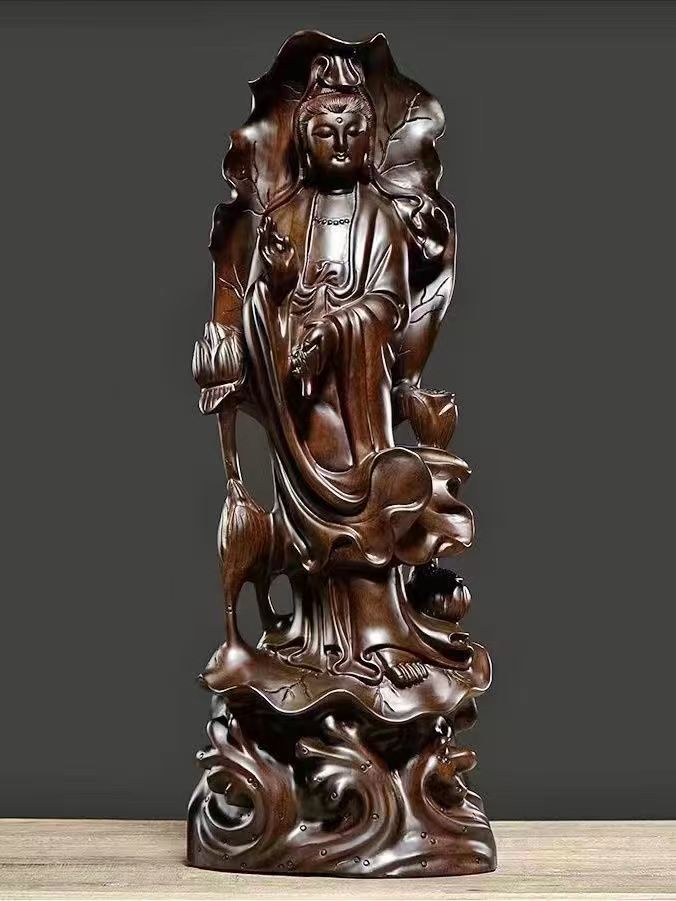 職人手作り 仏教美術 精密細工 木彫仏像 黒檀木 観音菩薩像 置物 高さ30cm_画像1