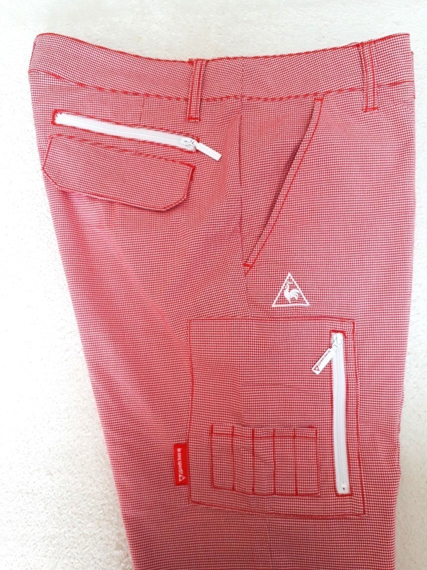 ★★未使用【le coq sportif/ルコック】多機能型 ギンガムチェック ストレッチ カーゴパンツ ゴルフ /13号（LL）/レッド/要裾上げ_右サイドアップ