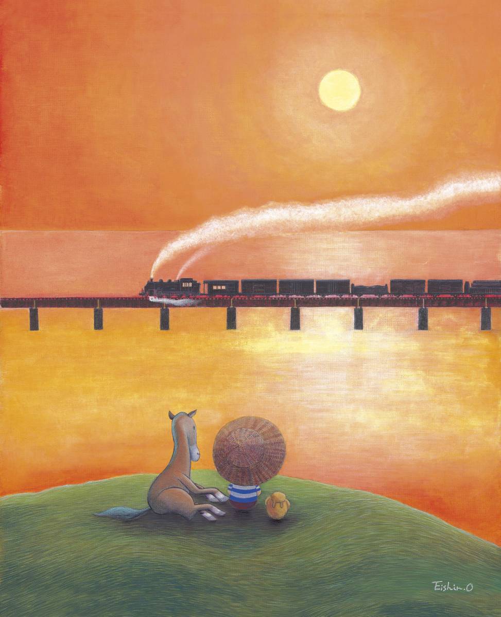 （47）真作・F3号『夕焼け』版画（ジークレー）キャンバス仕上　　日高本線　SL　機関車　　国鉄　北海道
