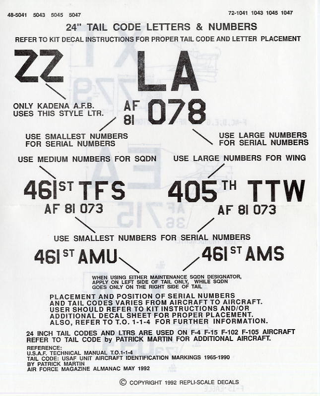 D レプリスケール 1/72 USAF ダークグレイ テール コード,ナンバー(二種まとめて)_画像2