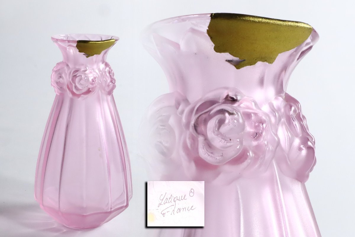 大人の上質 金継ぎの美 ラリック製 ピンク フラワーベース / Rene Lalique クリスタルガラス