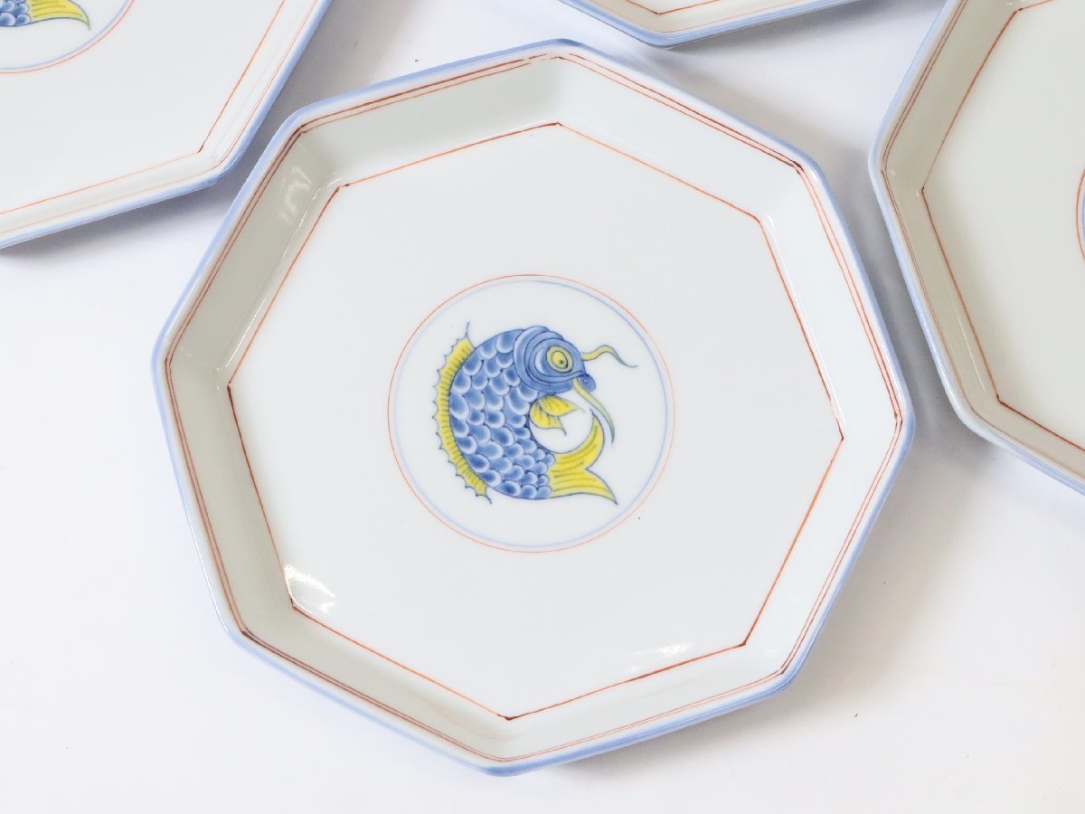 手塚央 鯉もよう さら 五客揃 共箱 / 色絵 八角皿 小皿 取皿