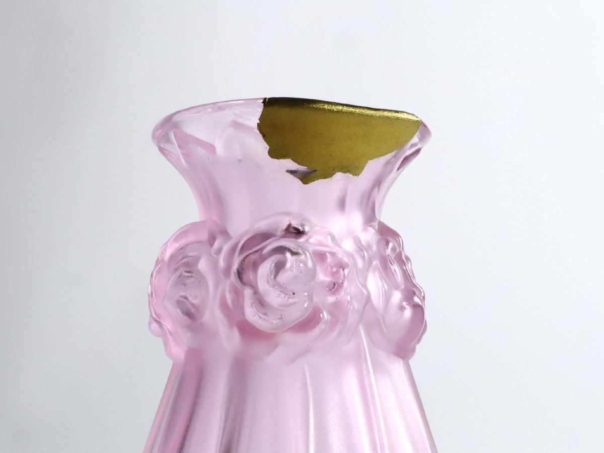 金継ぎの美 ラリック製 ピンク フラワーベース / Rene Lalique 花瓶 一輪挿し_画像3