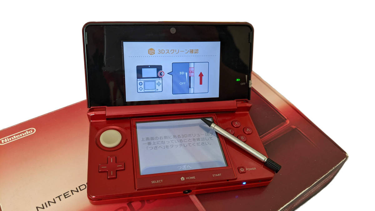 [中古]Nintendo3DS本体 フレアレッド 箱/説明書/充電コード/SDカード/タッチペン付き 赤 備品 初期化済み_画像1