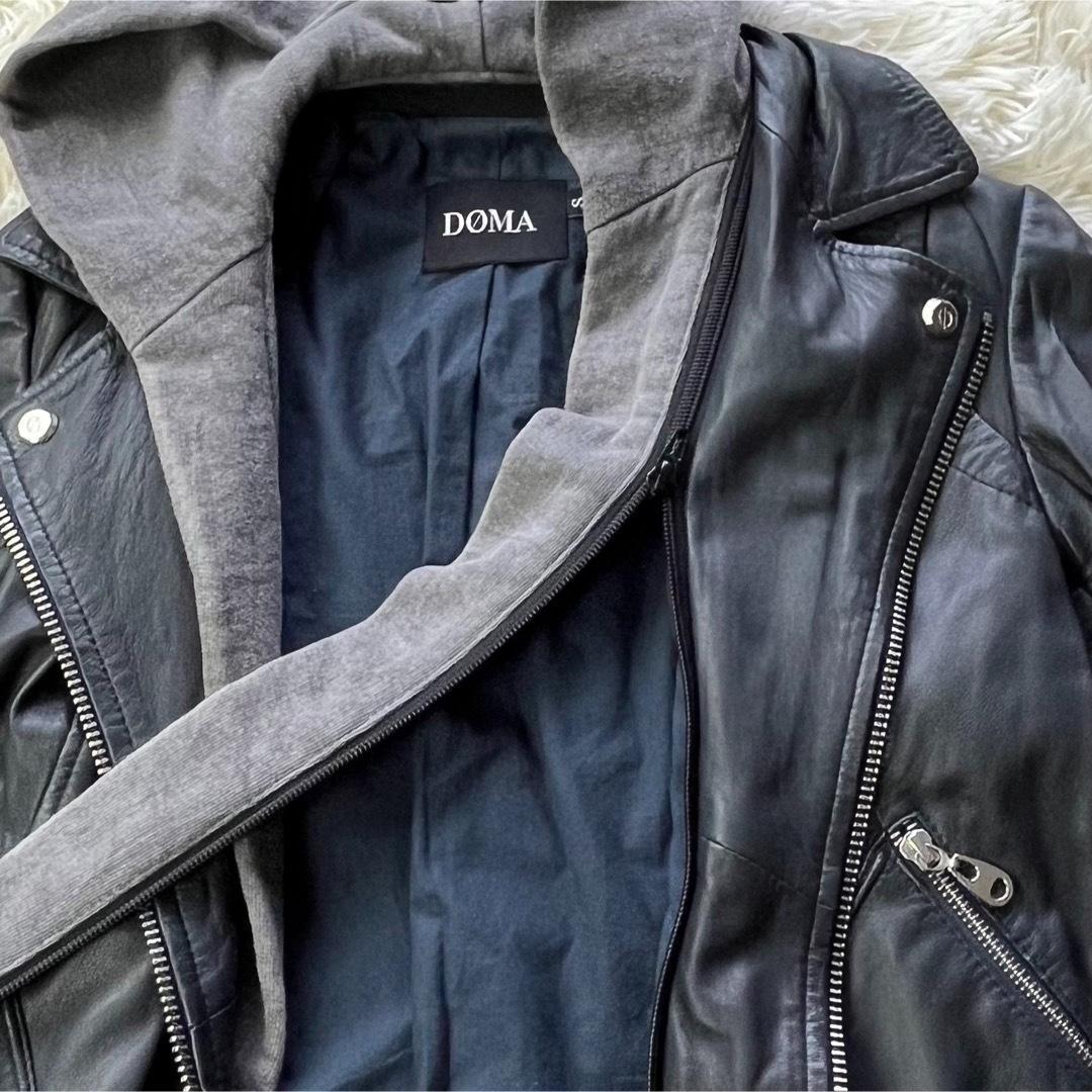 美品 DOMA ドーマ ライダースジャケット シングル フード ブラック S