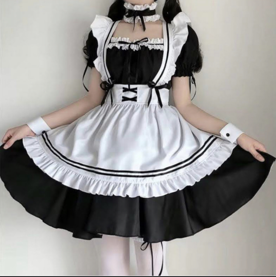 フルセット S メイド服 コスプレ ゴスロリ ハロウィン ロリ フリフリ フリル エロ可愛い ニーハイソックス コスチューム 白